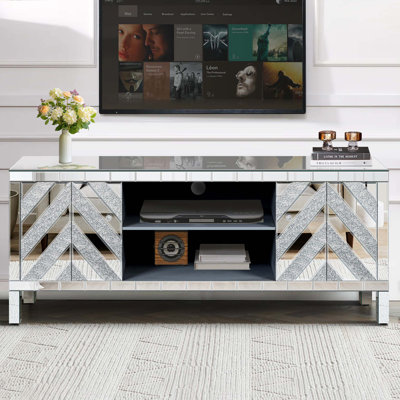Meuble télé en miroir pour téléviseur de 65 pouces et plus, console de télévision avec rangement ouvert et 2 armoires de rangement, portes de miroir en forme de M pour le salon (l 59 po x H 25,2 po x P 15,7 po)