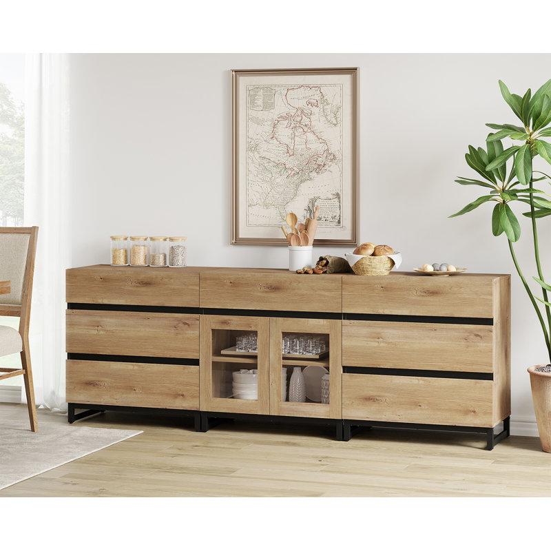 Buffet 3 en 1 avec portes en verre et 7 tiroirs, crédence moderne avec tablette réglable et base en métal, armoire à café pour le salon, la cuisine