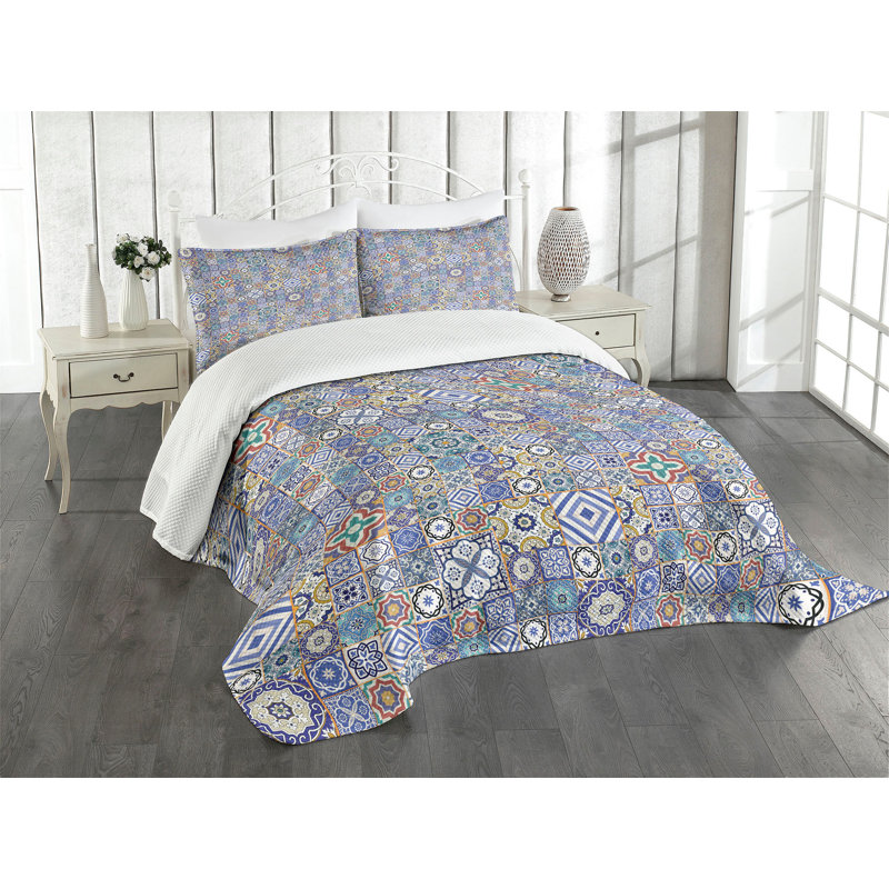 Ambensonne Moroccan Bedspread Grid Multicolor Multicolor, King Coverlet/Bedspread + 2 Pillow Shams