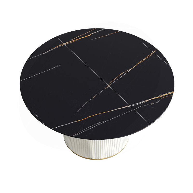 Table de salle à manger 53,15 po en pierre artificielle noire ronde avec base en contreplaqué beige et polyuréthane pouvant accueillir 6 personnes (sans les chaises)