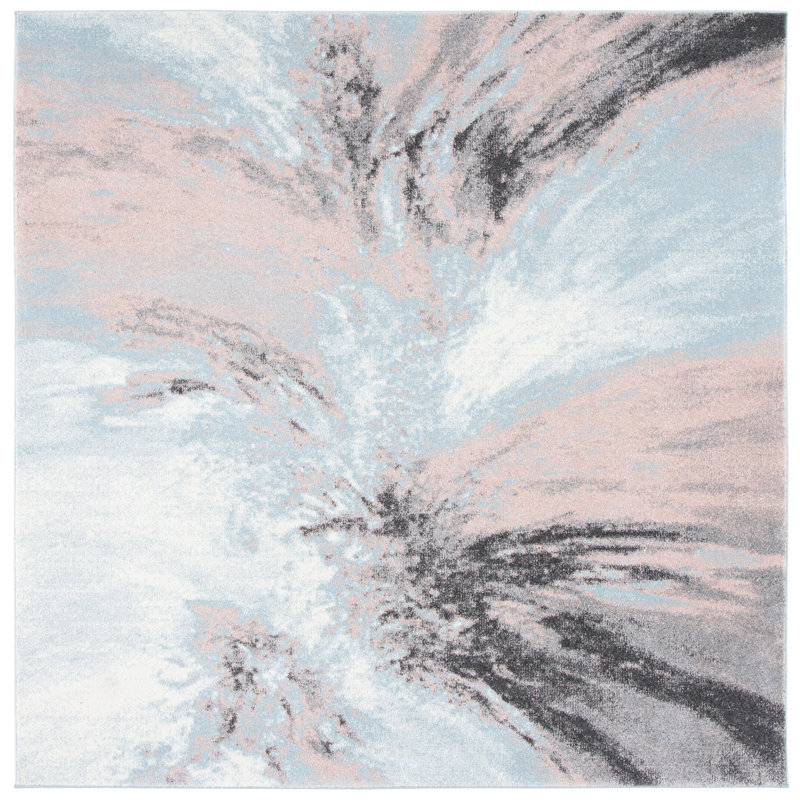 Tapis abstrait rose / bleu / gris Donnovan, Carré 5 pi 3 po