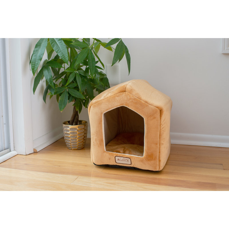 Small Beige Velvet House-Shaped Cat Bed with Fiberfill
