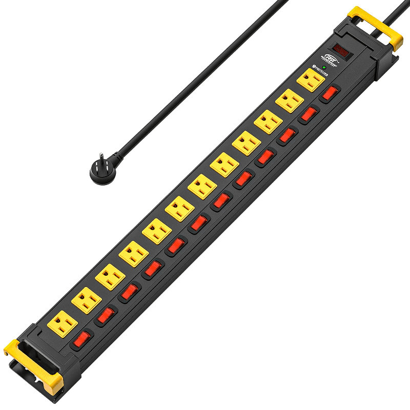 Multiprise en métal robuste à 12 prises CRST avec interrupteurs individuels, multiprise de protection contre les surtensions de 9 pi avec gestion des câbles, prises espacées de 15A / 1875W 1020J pour garage, atelier, maison, école