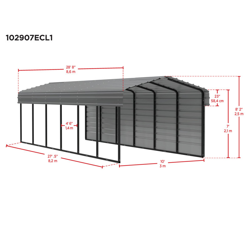 Charcoal Galvanized Steel Carport Kit with 1-Sided Enclosure, 10' x 29' x 7'