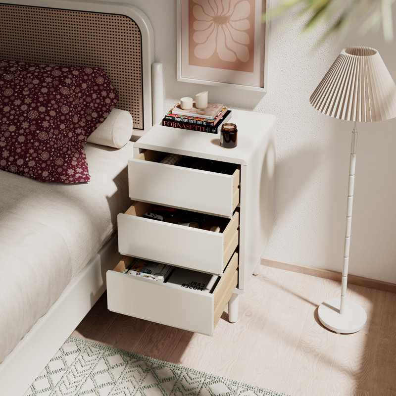Solid Wood Mid-Century Modern Nightstand, White, 25.9" H