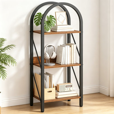 3-Tier Arched Bookshelf, Industrial Bookcase with Metal Frame, Book Shelf Storage Organizer for Living Room, Office, Bedroom