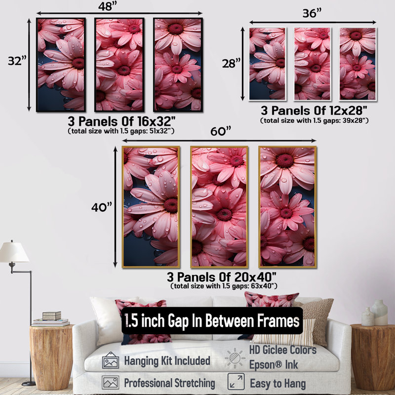 «Pink Daisy Bloom Harmony II - Daisies», ensemble d'art sur toile, Cadre flottant noir, H 32 po x l 48 po x P 1 po