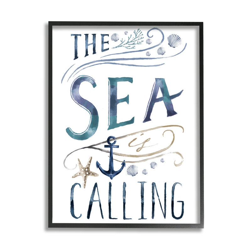 The Sea Is Call Nautical Sentiment, H 30 po x l 24 po x P 1,5 po, Giclée encadrée noir minuit