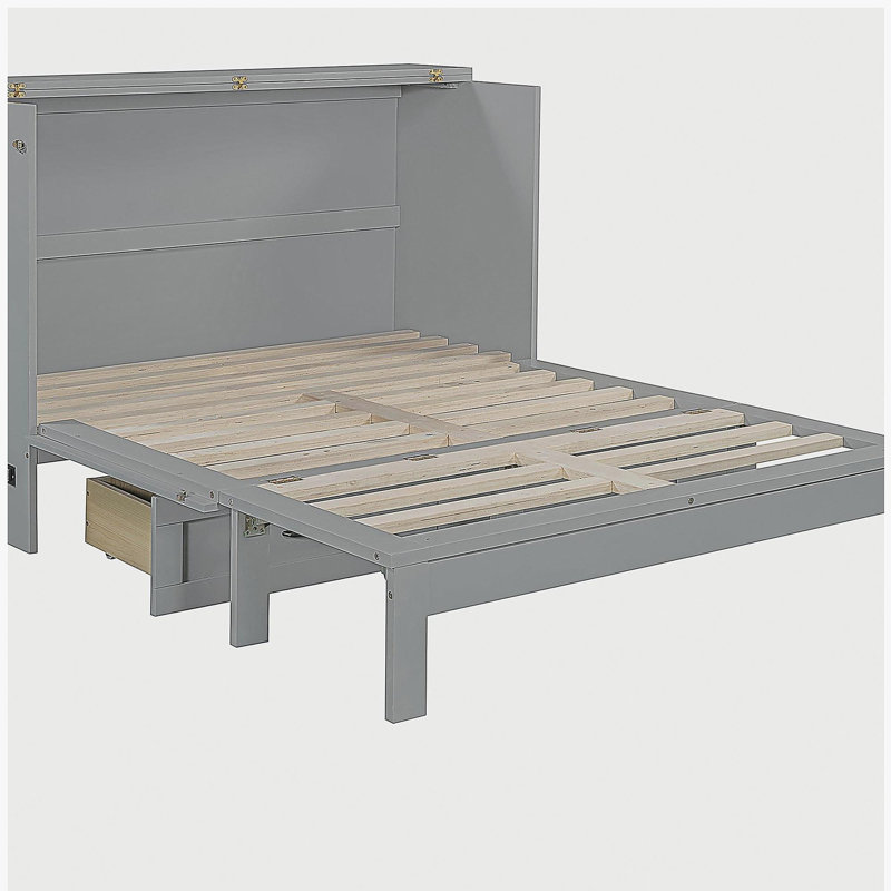 Lit escamotable double avec grand tiroir, gris, Gris, Double