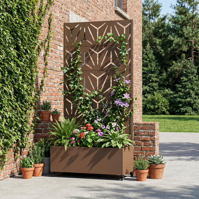 Boîte à fleurs en métal avec treillis et roues, H 72 po x l 35 po x P 16 po, Brun