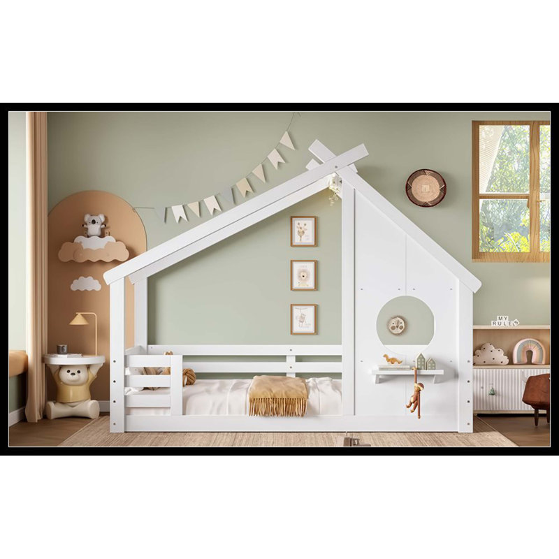 Twin Solid Wood House Floor Bed With Window, Small Shelf & House-Shaped Roof, No Box Spring Needed, White, Twin, White