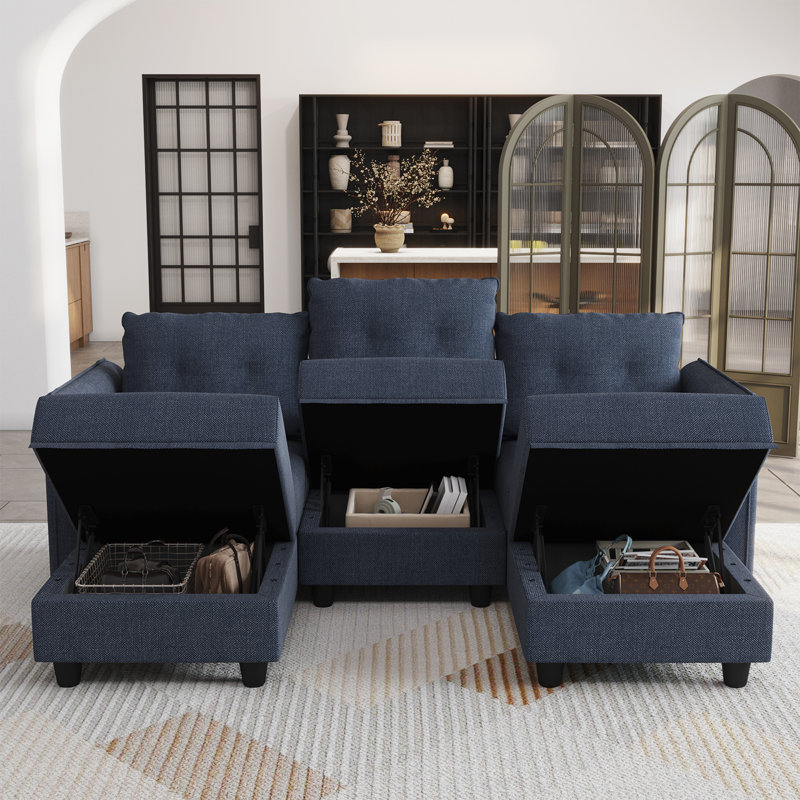 Canapé modulaire en U rembourré 5 pièces avec rangement Tomario, Polyester bleu
