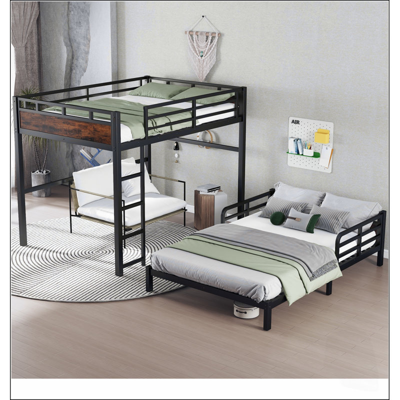Lit superposé polyvalent en métal avec options mezzanine et plateforme, clôture de sécurité surélevée et finition en bois rétro