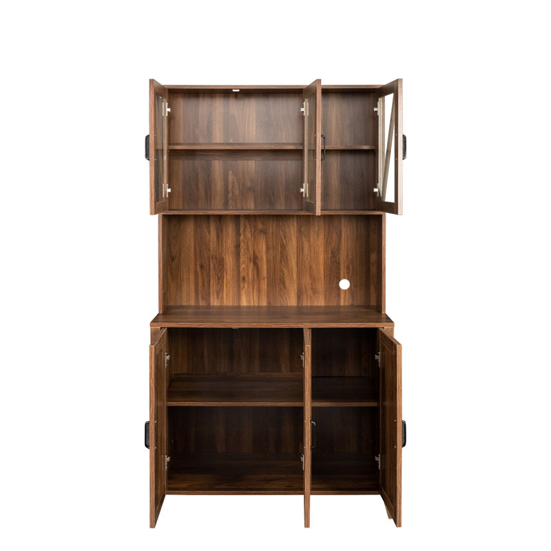 Grande armoire de rangement Milvio avec portes en verre, tiroirs et tablettes ouvertes, armoire de cuisine sur pied pour le salon