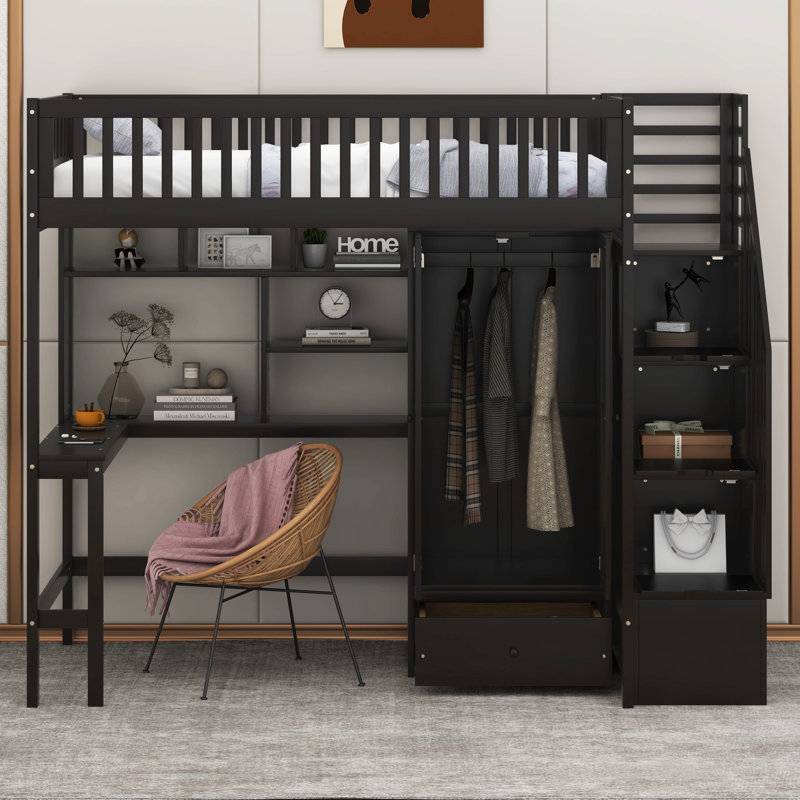 Imantas Kids Twin Loft Bed with Drawers, Espresso