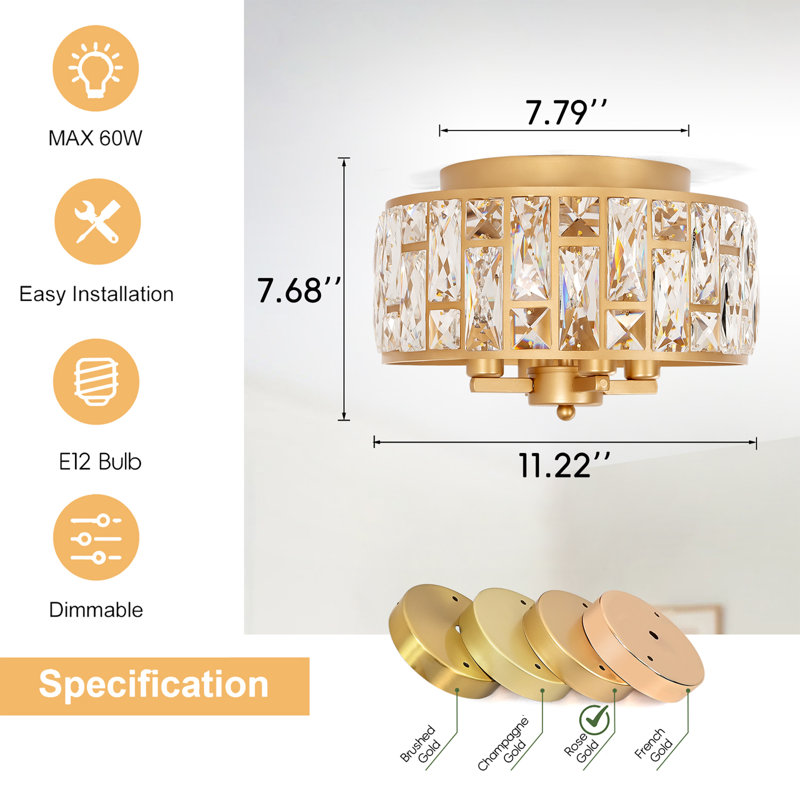 Plafonnier encastré en cristal 4 lumières, Doré