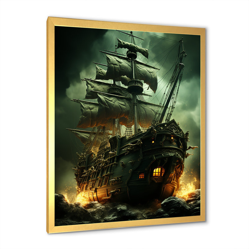 Bateau fantôme pirate 1 - Art mural pirate, H 32 po x l 16 po x P 1 po, Cadre doré simple