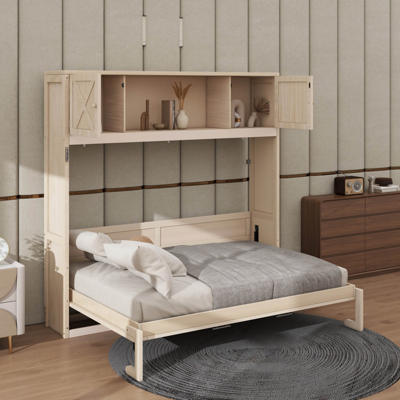 Grand lit escamotable avec armoires de rangement, Beige