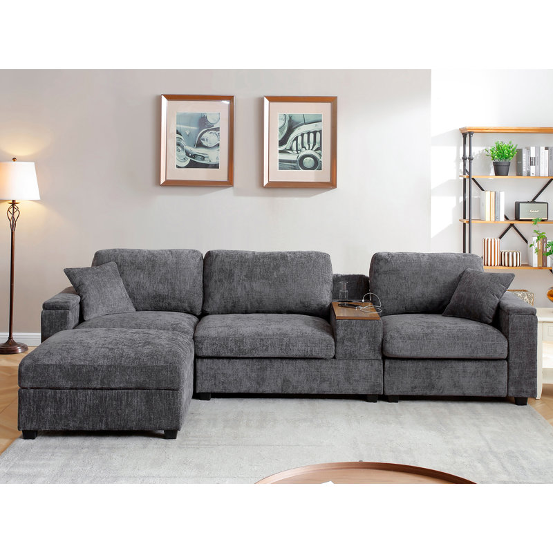 Modular Sectional Sofa With Storage Ottoman, Gray Linen