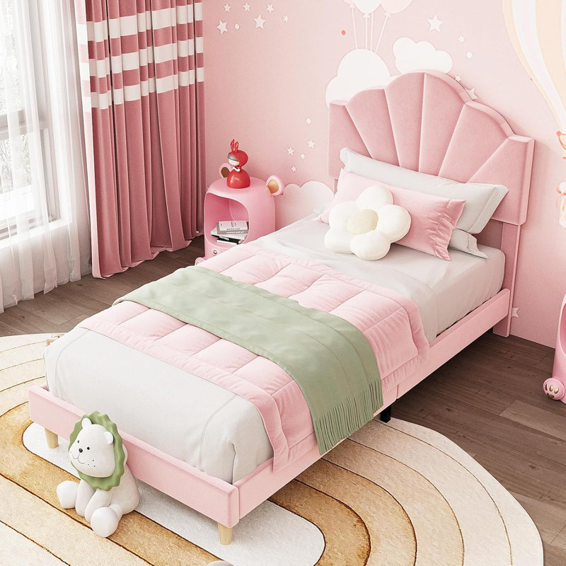 Velvet Upholstered Platform Bed Frame for Kids, Twin Size/Twin XL/ with Adjustable Headboard, Wood Slat Support, Pink/Twin