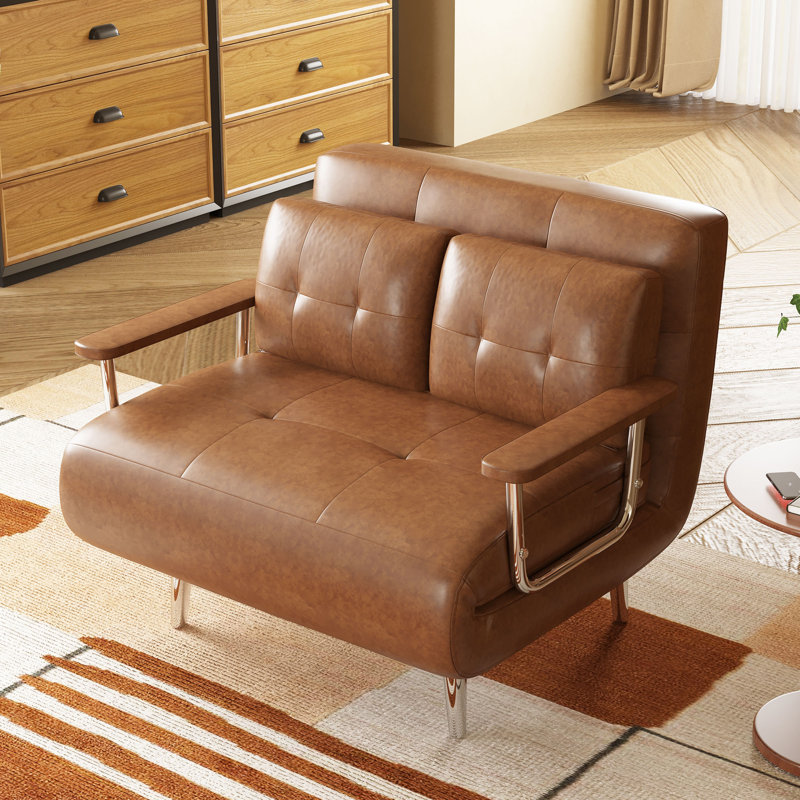 59 In. Mid Century Modern Cognac Faux Leather Convertible Sofa Bed With High Density Foam And Hidden Support Legs, Brown