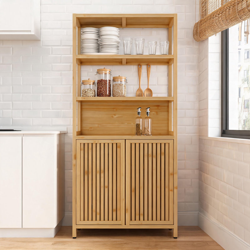Armoire de rangement autoportante en bambou naturel 64,77 "avec portes magnétiques doubles, armoire de plancher multi-tablettes