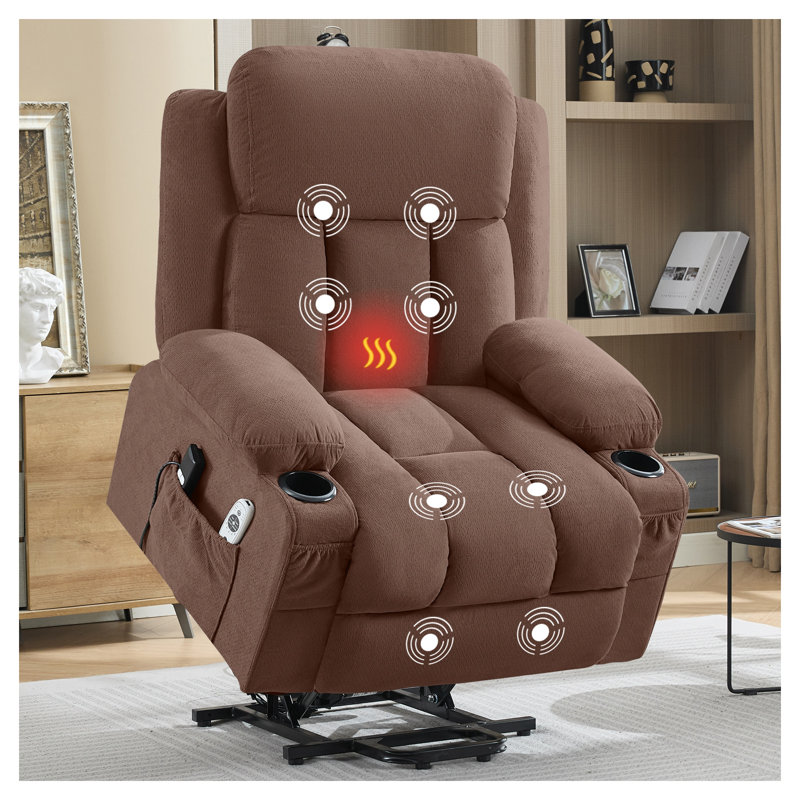 Brown Fabric Power Lift Recliner Chair with Heat and Massage Functions