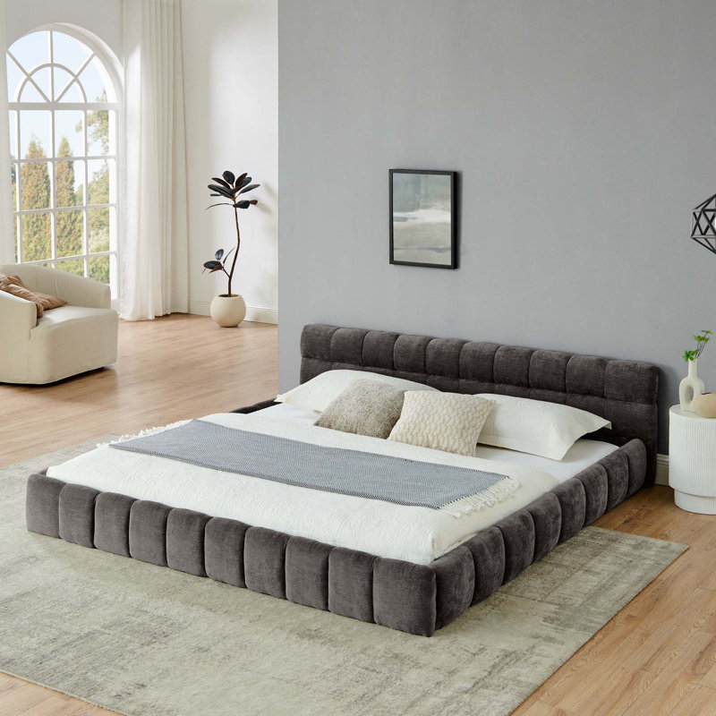 Structure de lit tapissier avec tissu épais, tissu en chenille mis à la terre, King, Dark Gray