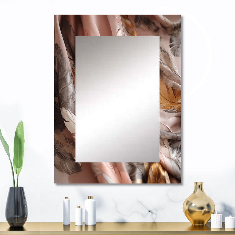 Gold Glamorous Feathers Of Boho Fantasy II - Glam Feather Wall Mirror, Modern Decorative Mirror, Printed Metal Art, 32" x 24"