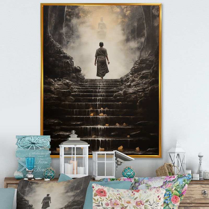 «Kalakis Gray Buddhism Buddhas Footprints I», reproduction sur toile, H 40 po x l 30 po x P 1,5 po, Cadre flottant doré