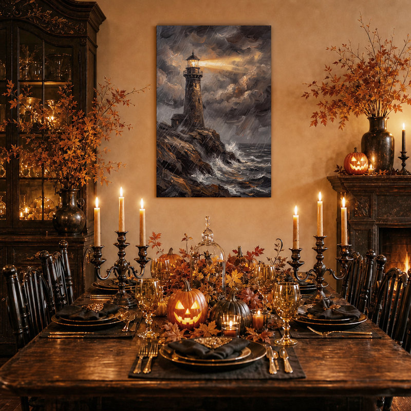 Phare sur la côte rocheuse avec faisceau lumineux - Toile murale d'Halloween, 24"H x 18"W