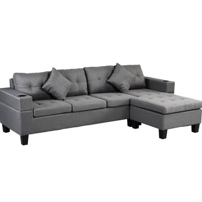 Living Room Sectional With Chaise Lounge, Cup Holder And 2 Cushions  4 Seat, Faux Linen Grey 4 L Shape Lounge &  Faux