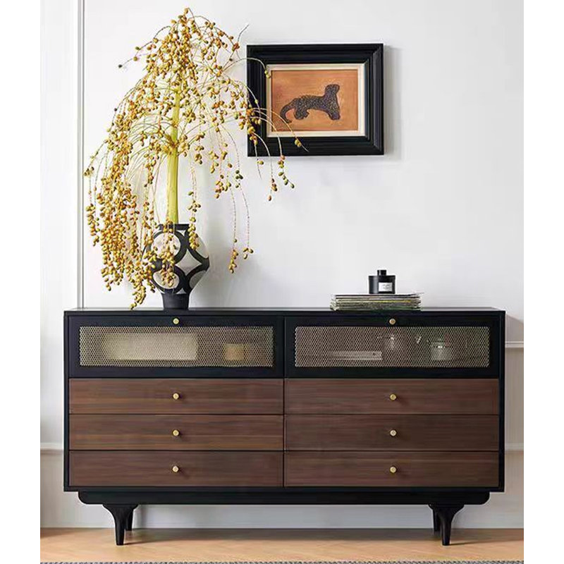 Buffet à six tiroirs en bouleau de style médiéval, H 33,86 po x l 55,12 po x P 15,75 po