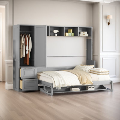 Grand lit escamotable avec placard et tiroirs, lit mural personnalisable avec armoire de rangement