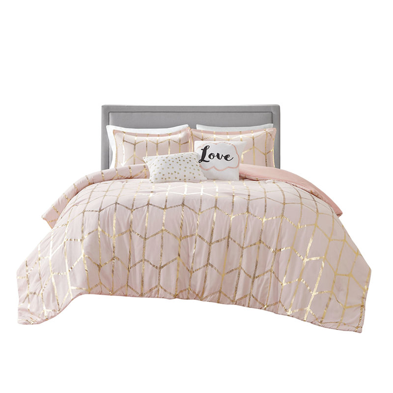 Édredon avec fond rosé et imprimé métallique doré avec coussins, Édredon double + 4 pièces supplémentaires, Rose
