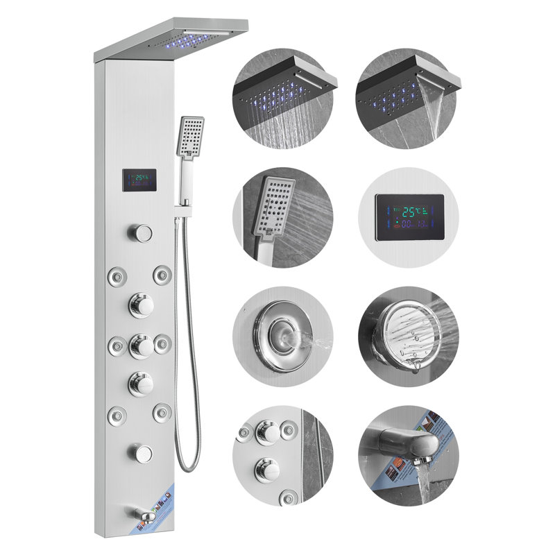6-in-1 LED Shower Panel Tower System with Rainfall, Waterfall & Massage Jets - Stainless Steel Hydroelectric Wall-Mounted Set