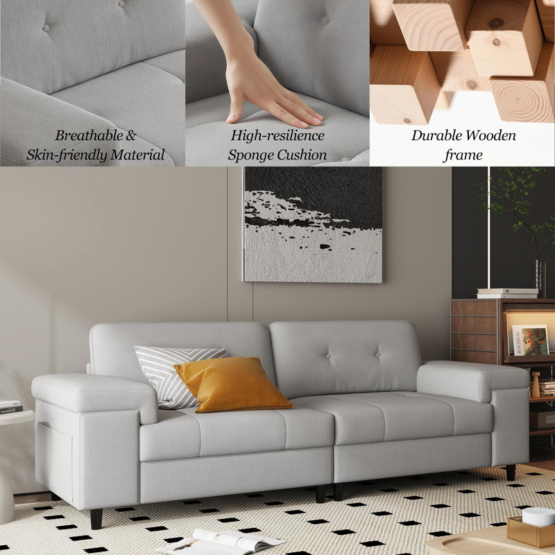 85 Inch Modern 3 Seater Sofa for Living Room, Button Tufted Comfy Bedroom Sofa, Gray