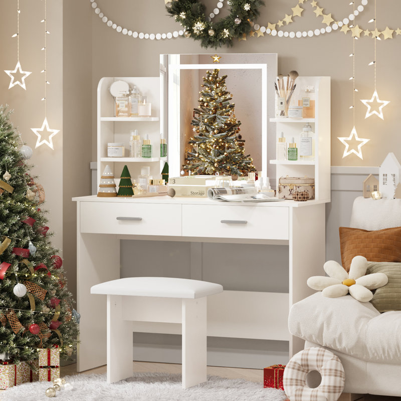 Greyden Vanity Set with LED Mirror & Stool, White