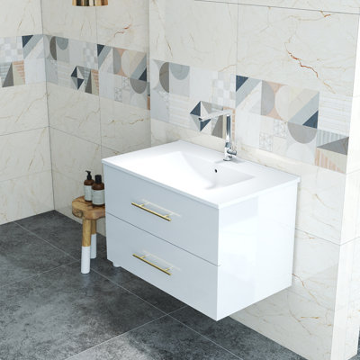 Ensemble de meuble-lavabo mural 30 po avec lavabo, double tiroir, lavabo en céramique et installation facile