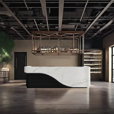 102.36" Bar Counter Front Desk with Wine Storage, Lockable Drawers, and Dual Function