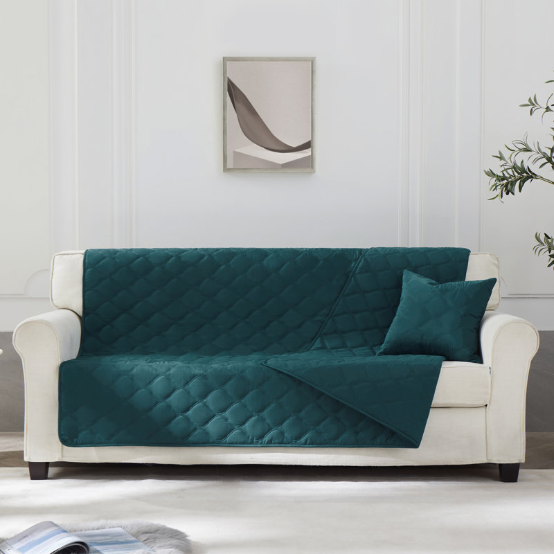 Polyester Box Cushion Sofa Slipcover, Dark Green