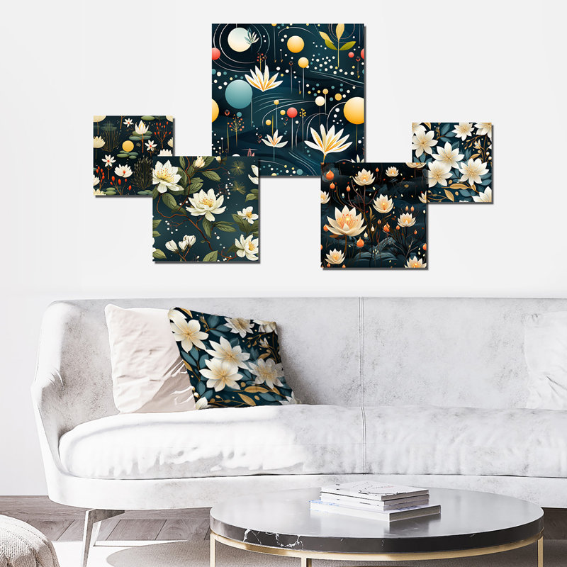 Blanc zen floral lotus harmonie - ensemble d'art mural floral de 5