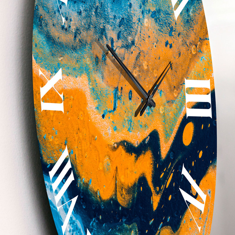 Composition abstraite en marbre bleu et orange IV - horloge murale moderne, Petit