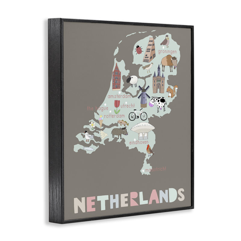 «Kid's Map of Pays-Bas», estampe numérique, conception de Carla Daly, H 14 po x l 11 po, Giclée encadrée noir minuit