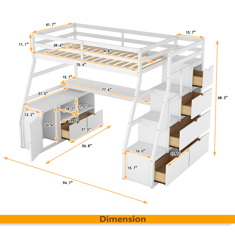 Lit mezzanine simple avec 7 tiroirs, 2 tablettes et un bureau, Blanc