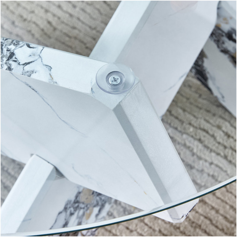 Table basse ronde en verre, table basse unique au design moderne 33,4 po. Comptoir en verre trempé avec pieds en panneau de fibres à densité moyenne à motif blanc. Convient pour les salons et les salles à manger