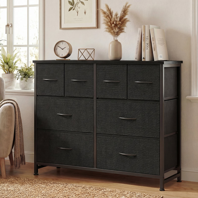 8-Drawer Fabric Dresser, 30"H Storage Chest with Wood Top, Black