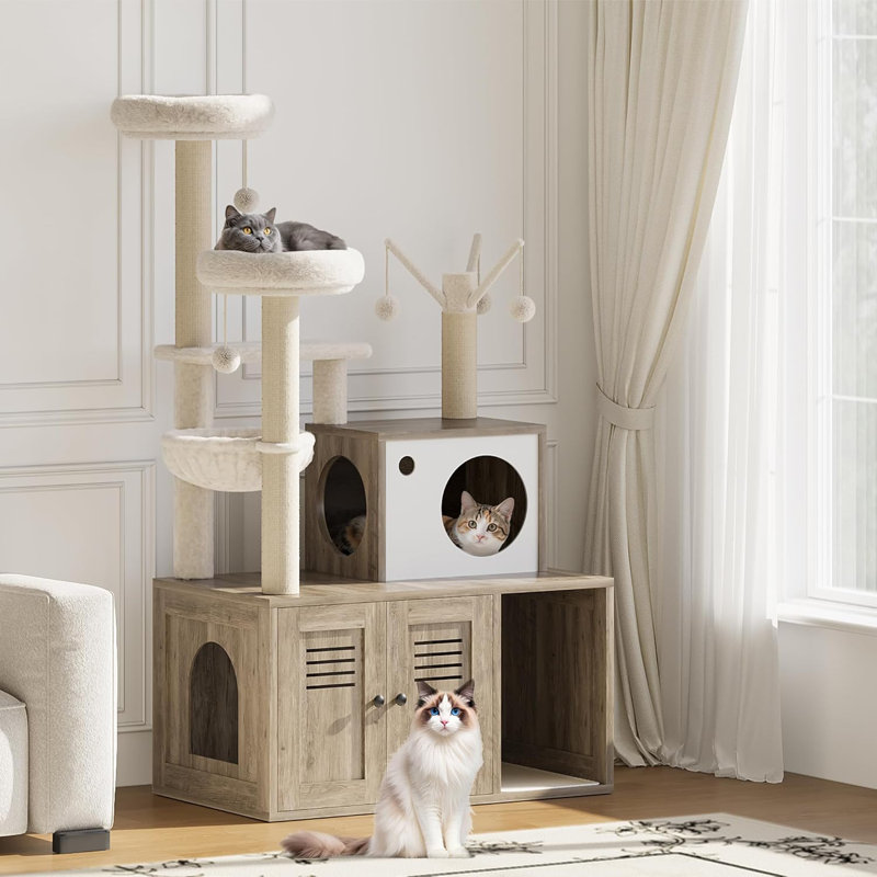 Grand arbre à chat moderne en bois avec armoire à litière cachée - Condo pour chat à plusieurs niveaux avec poteaux à griffer en sisal, perchoirs souples, hamac et jouets teaser - Mobilier de chat intérieur élégant, gris fumée