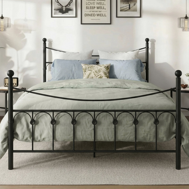 60.24"W x 83.23"L Classic Iron Platform Queen Bed Frame - Solid Black Metal Platform with Steel Slat Support