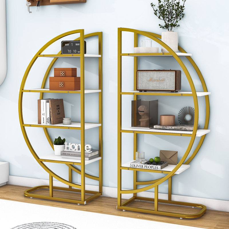Alsobrook 4 Tiers Round Open Bookshelf with Metal Frame for Office